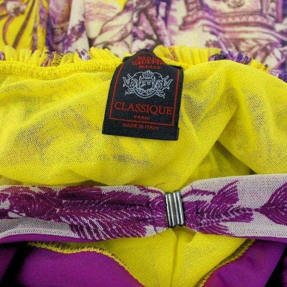 1990's JEAN PAUL GAULTIER Mythical Print Yellow and Purple Vintage Halter Dress - Picture 7 of 11